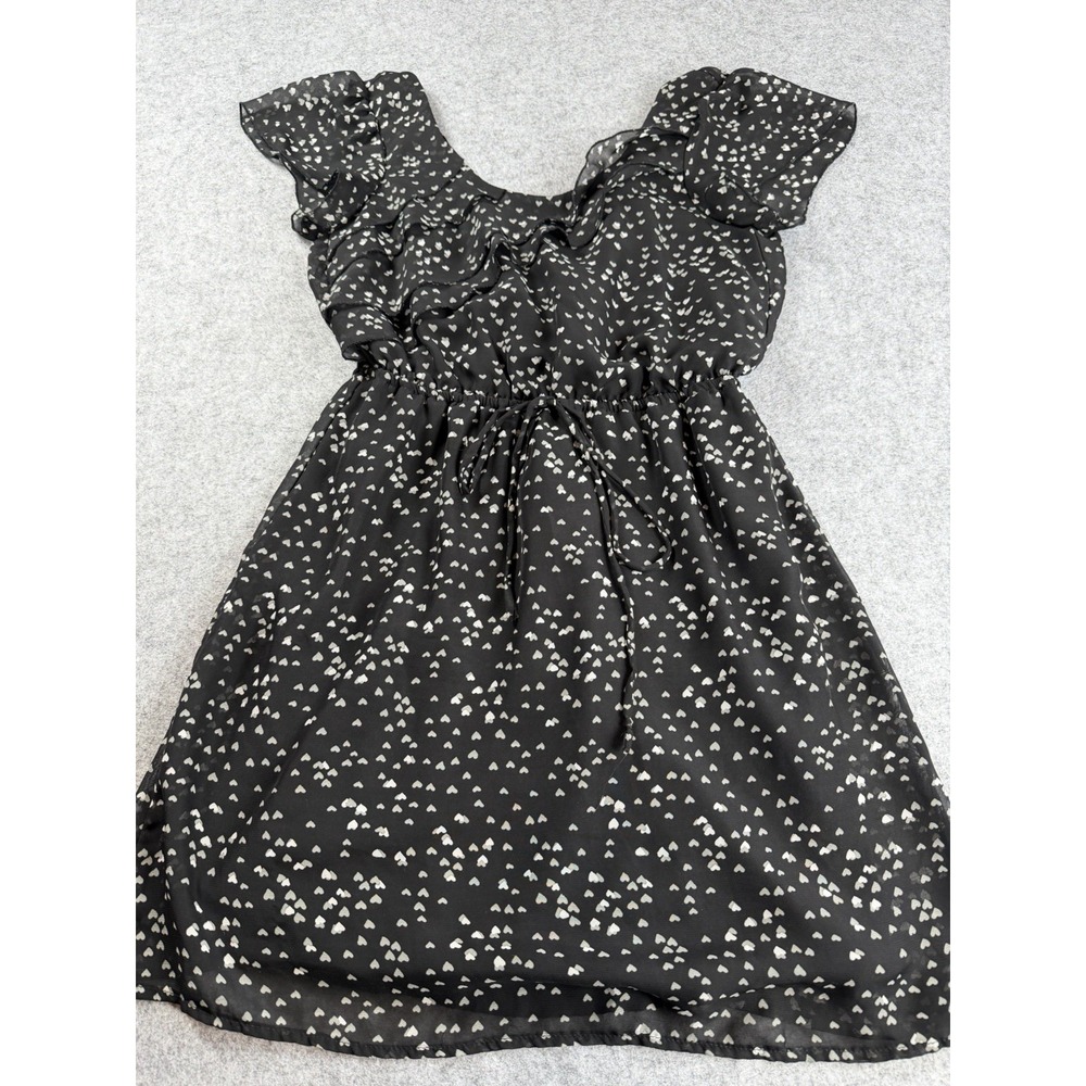 Belle De Jour Womens Mini Dress S Black Tiered Ruffled Sheer Ditzy Hearts Print